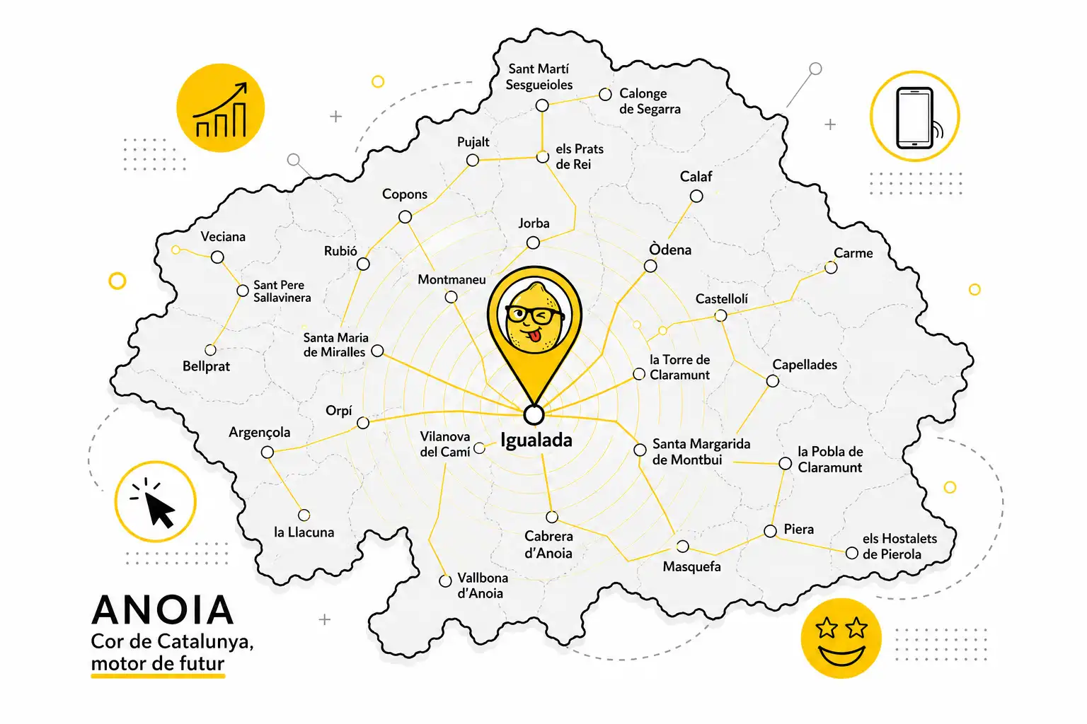 Mapa SEO local de la comarca de l'Anoia amb tots els seus municipis i pins de Xuclallimones marcant zones treballades.