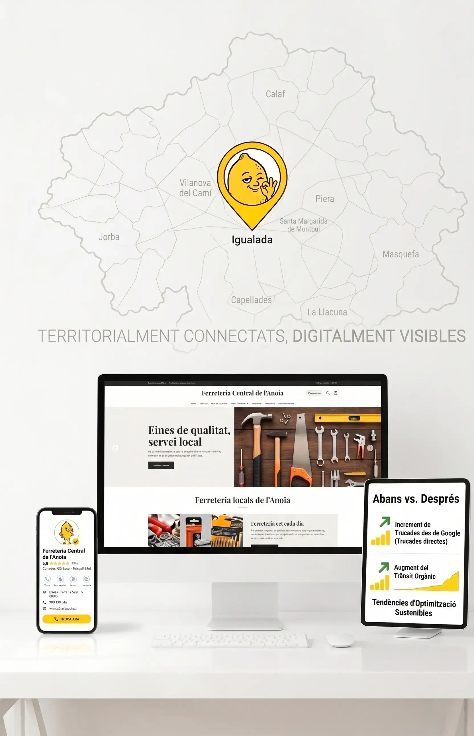 Composició d'estratègia SEO local de l'Anoia: pantalla d'ordinador amb la web, fitxa de Google Business Profile al mòbil i resultats d'optimització.