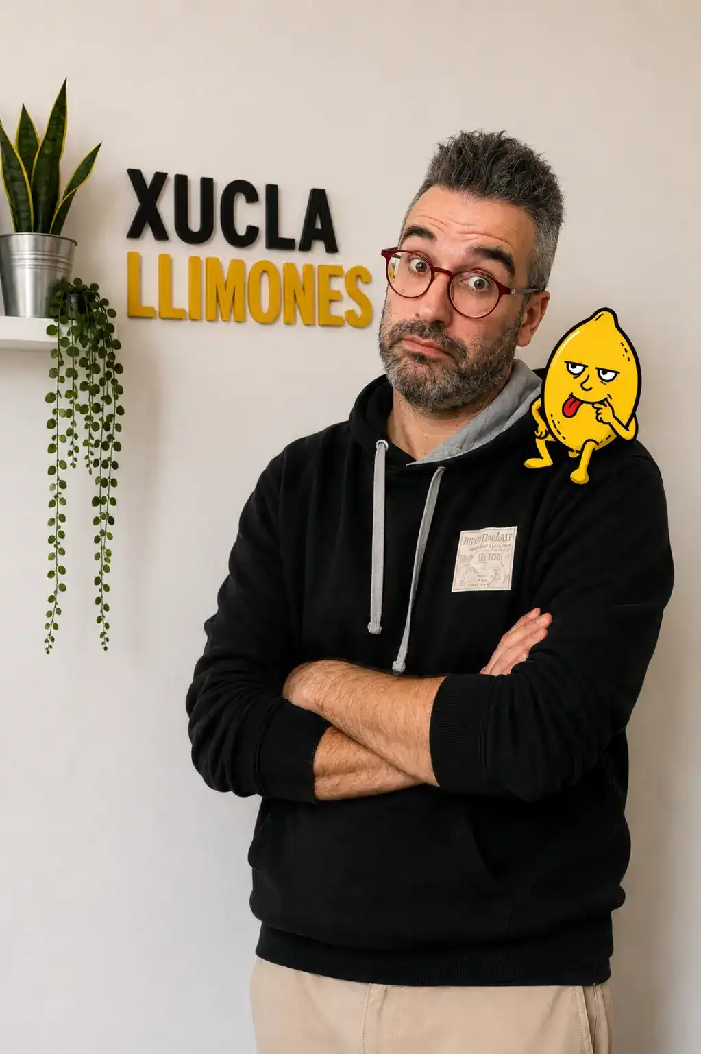 En Rubèn de Xuclallimones somrient amb la mascota llimona de Xuclallimones.
