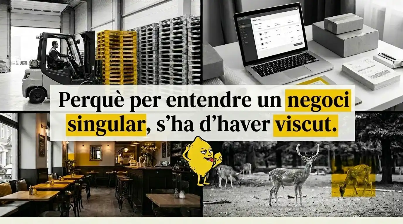 Composició de quatre escenes de negocis singulars: una carretilla industrial amb palets, un portàtil amb panell d'administració i caixes, l'interior d'una cafeteria amb taules de fusta i una zona natural amb cérvols.